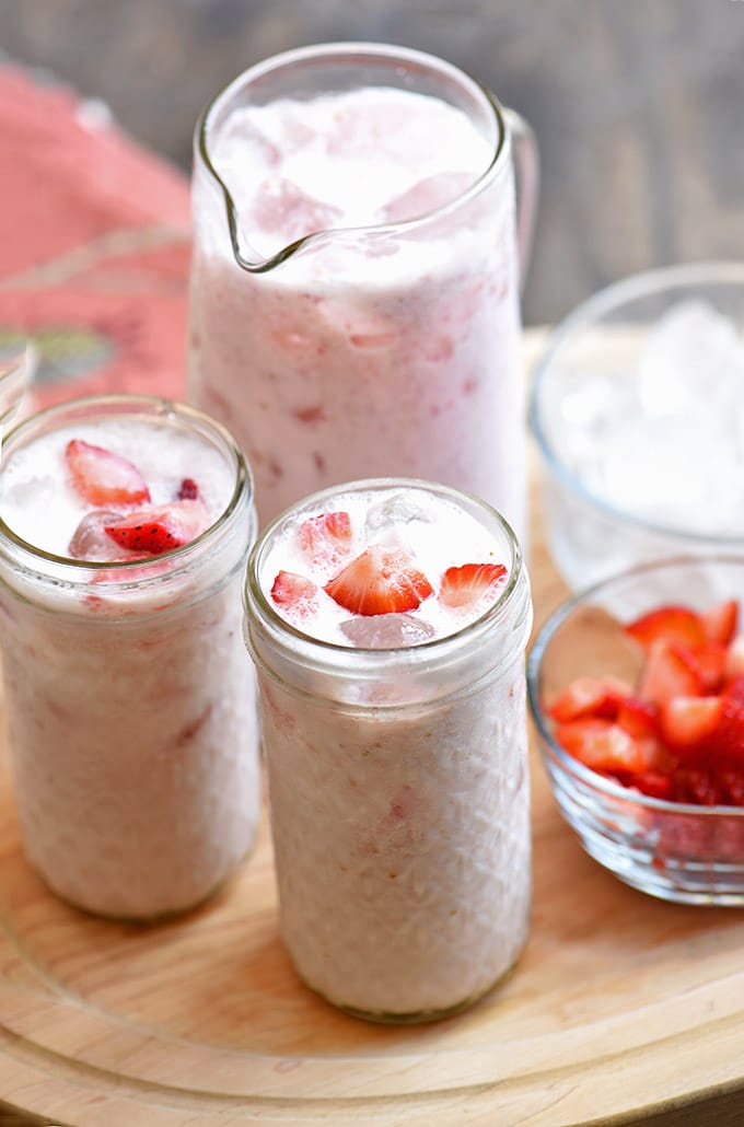 Creamy Strawberry Fresca in a large pitcher and serving glasses