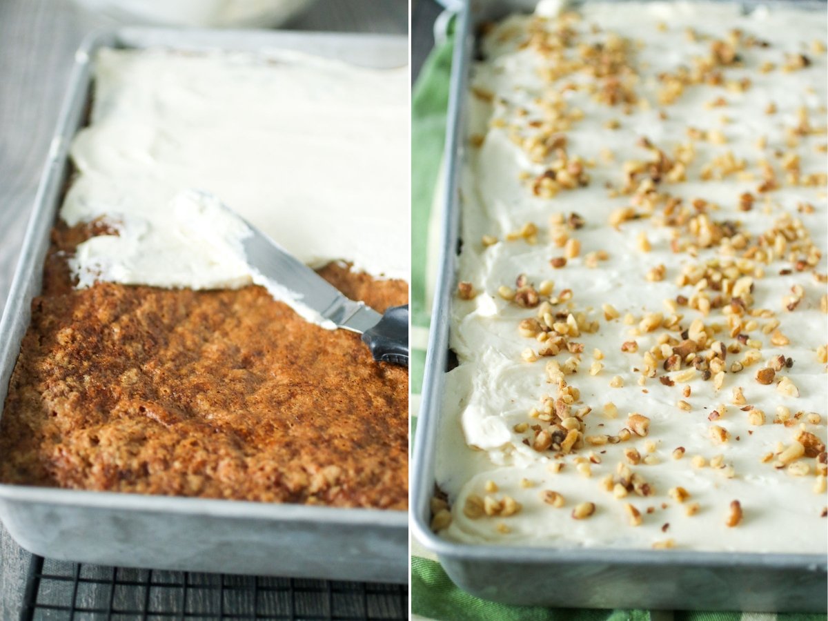 frosting sheet pan carrot cake with cream cheese frosting