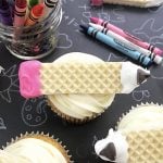 Pencil Back-to-School Cupcakes with crayons on the side