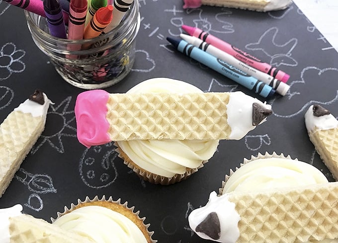 Pencil Back-to-School Cupcakes with crayons on the side