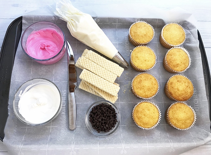 vanilla cupcakes, sugar wafers, melted candy coating to make back-to-school cupcakes