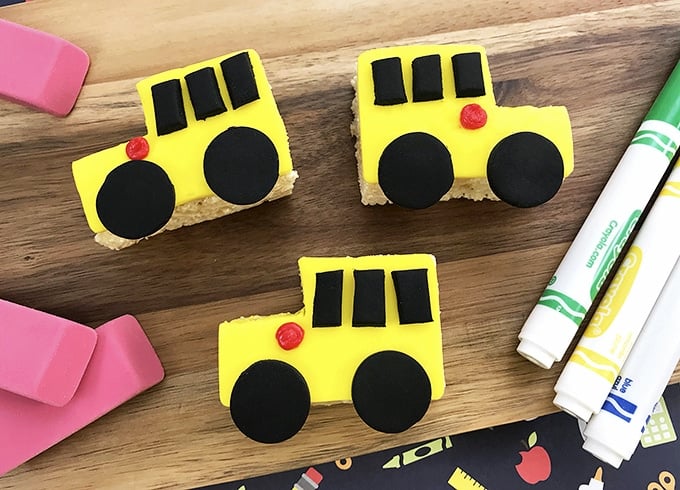 Back-to-school Rice Krispies treats with school bus design