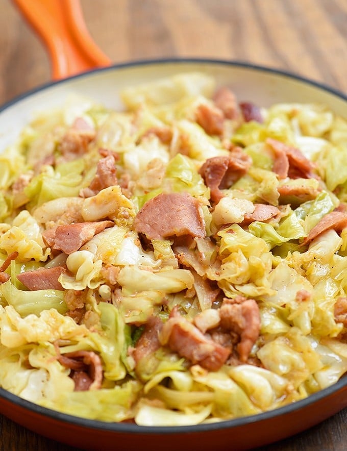 Southern Fried Cabbage in an orange enameled cast iron skillet