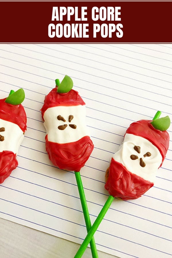 Apple Core Back-to-School Cookie Pops coated with red and white candy melts