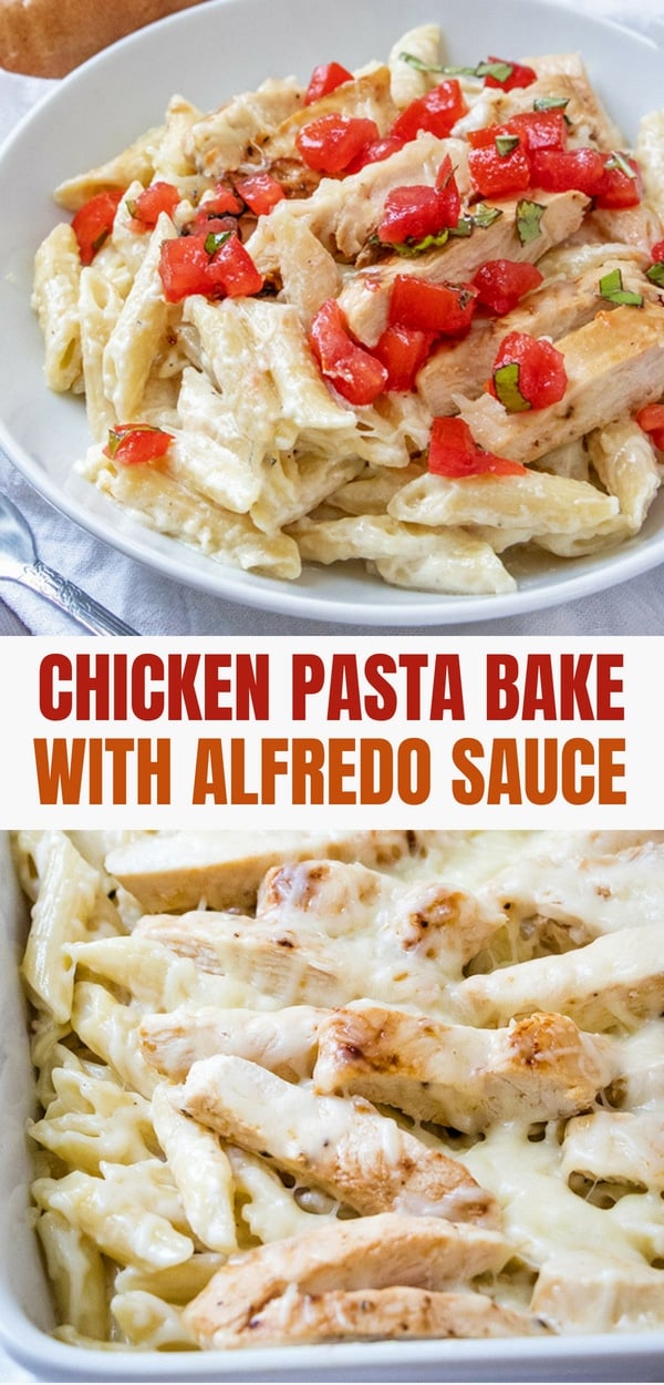 Chicken Alfredo Bake in a white casserole dish