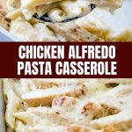 Chicken Alfredo Casserole in white baking dish