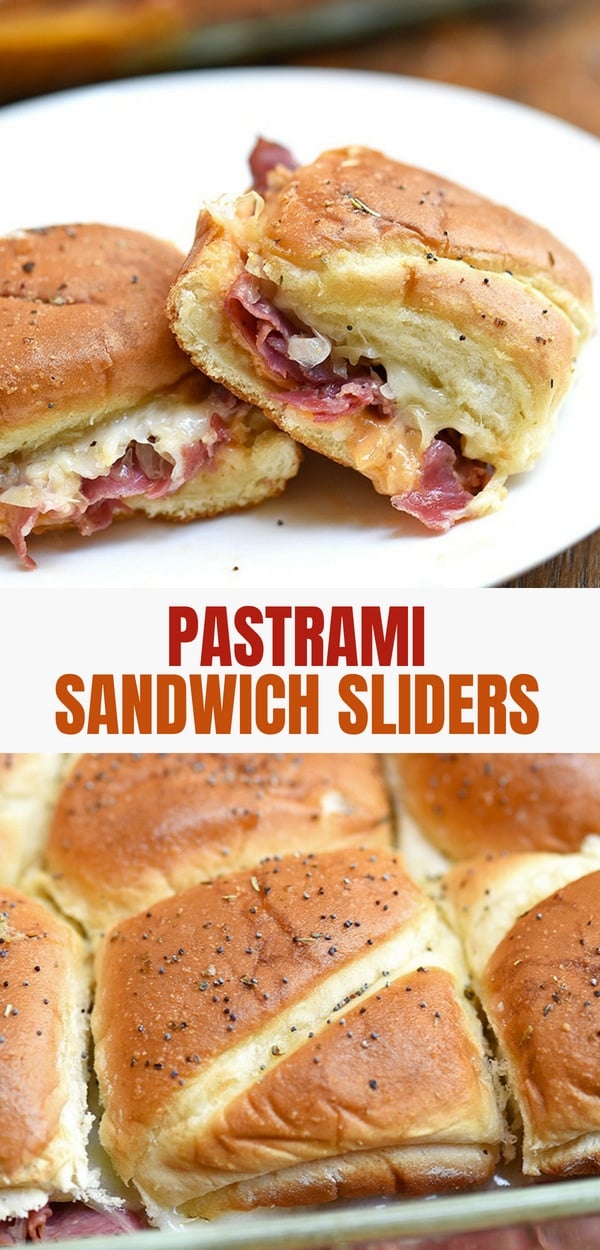 Hot Pastrami sandwich sliders on a serving plate