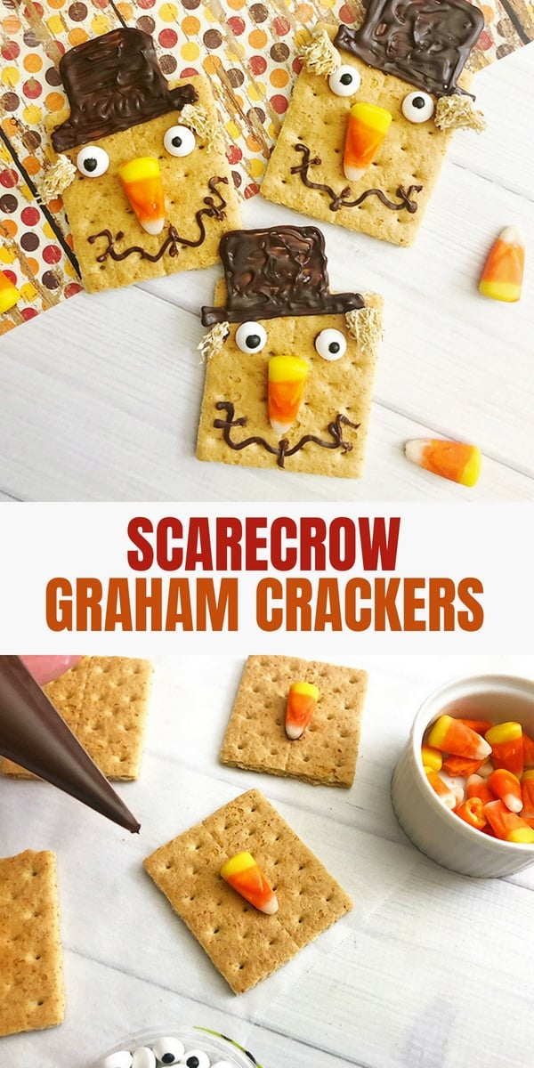 graham crackers decorated as scarecrows with candy corn, melted chocolate and mini wheaties