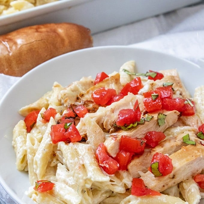 Chicken Pasta Bake with alfredo sauce on a serving plate