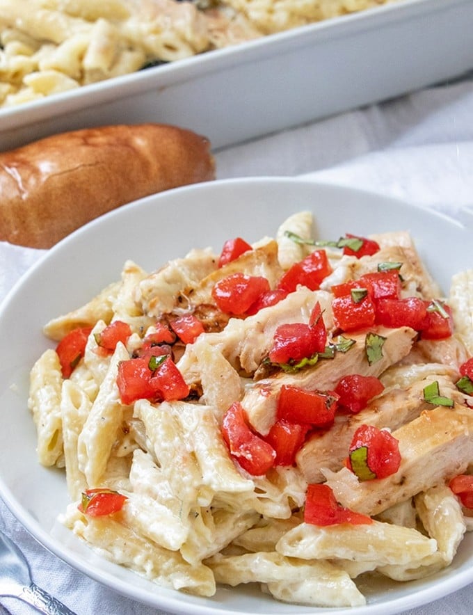 Chicken Pasta Bake with alfredo sauce on a serving plate