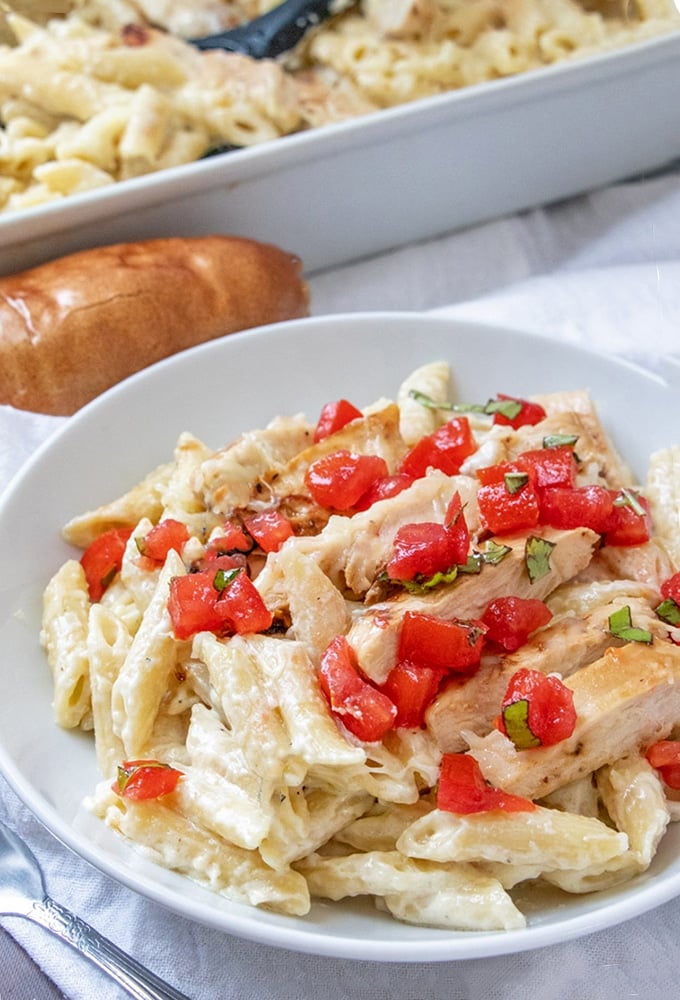 Chicken Pasta Bake with alfredo sauce on a serving plate