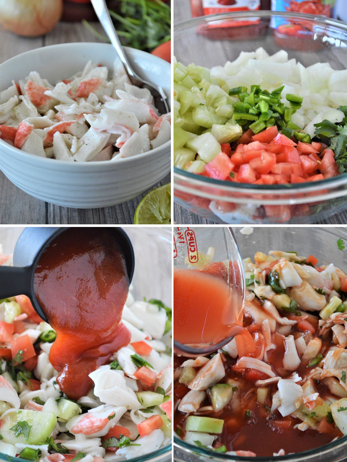 making Mexican crab cocktail in a glass bowl