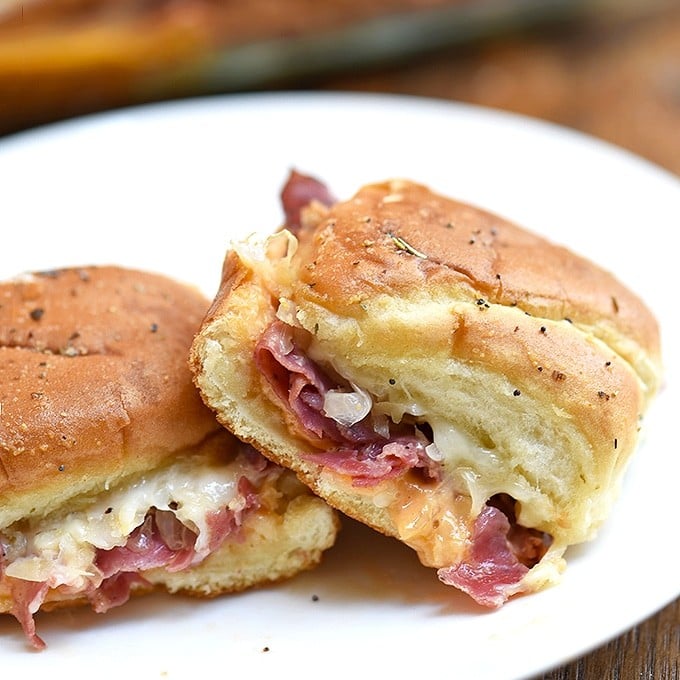 Hot Pastrami Sliders on a serving plate