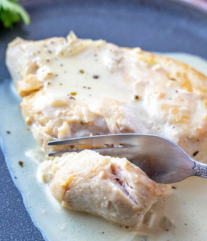 chicken breast breast with creamy dijon mustard sauce on a gray serving plate