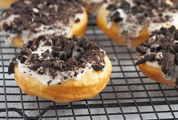 yeast donuts with vanilla glaze and crushed Oreo topping