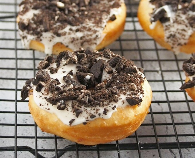 yeast donuts with vanilla glaze and crushed Oreo topping