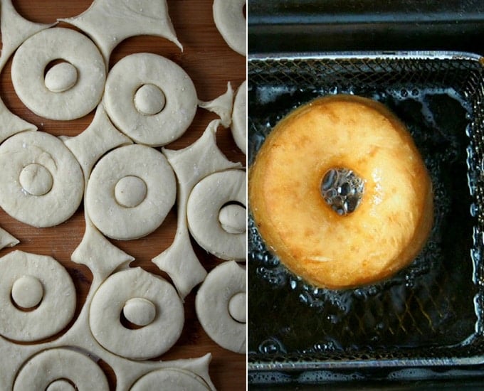 yeast donut dough cut into circles with donut cutter and then deep-fried until golden