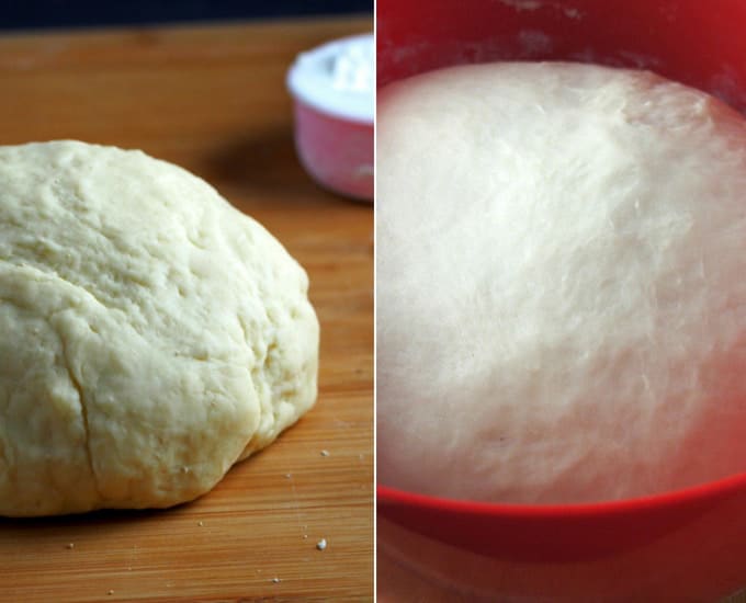 proofing yeast donut dough in a red bowl