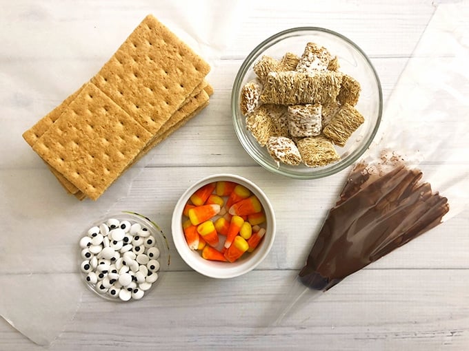 Scarecrow Graham Cracker supplies: graham crackers, candy eyes, candy corn, mini Wheaties and melted chocolate.