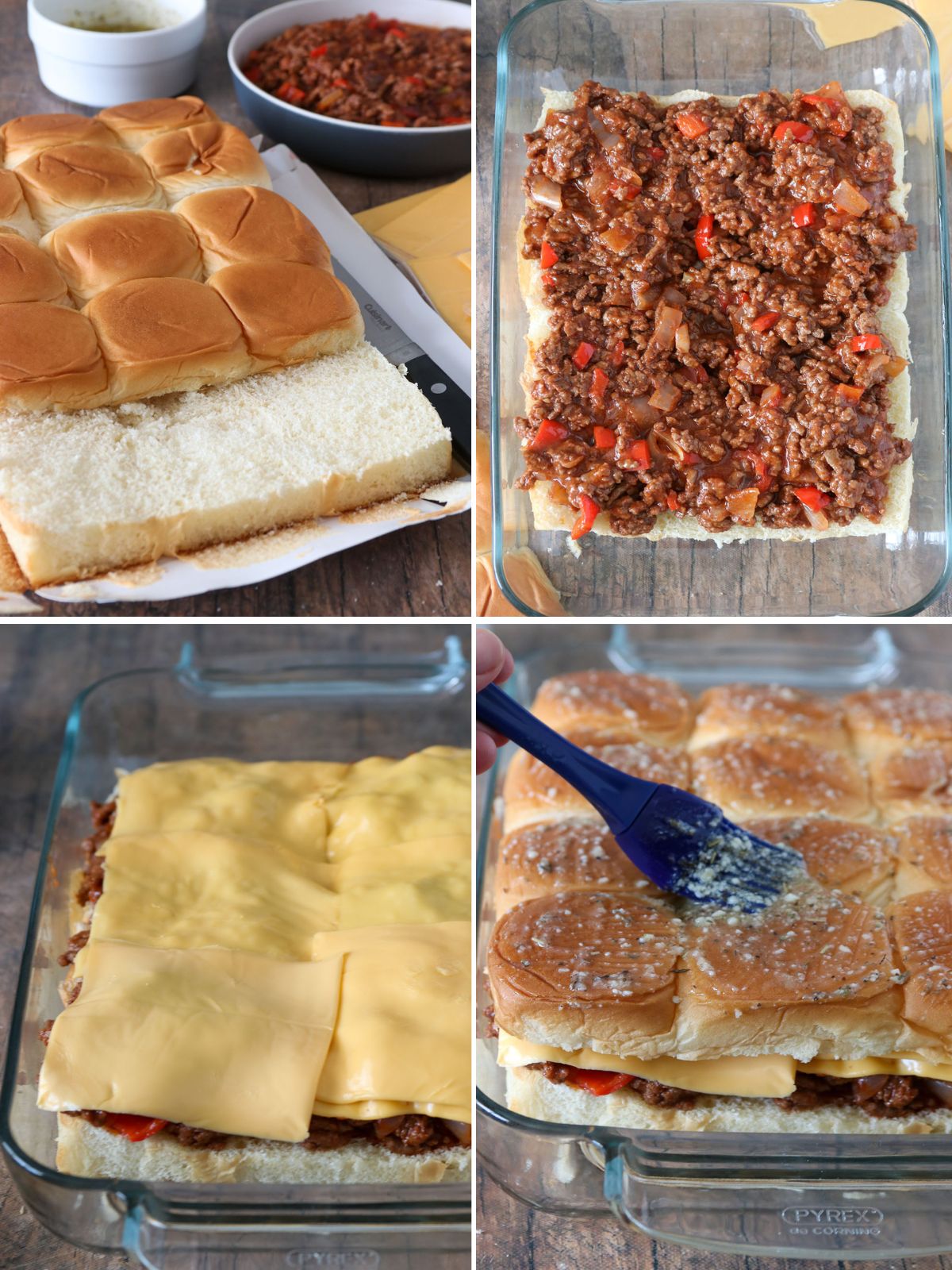 assembled sloppy joe sliders in a casserole dish ready to bake