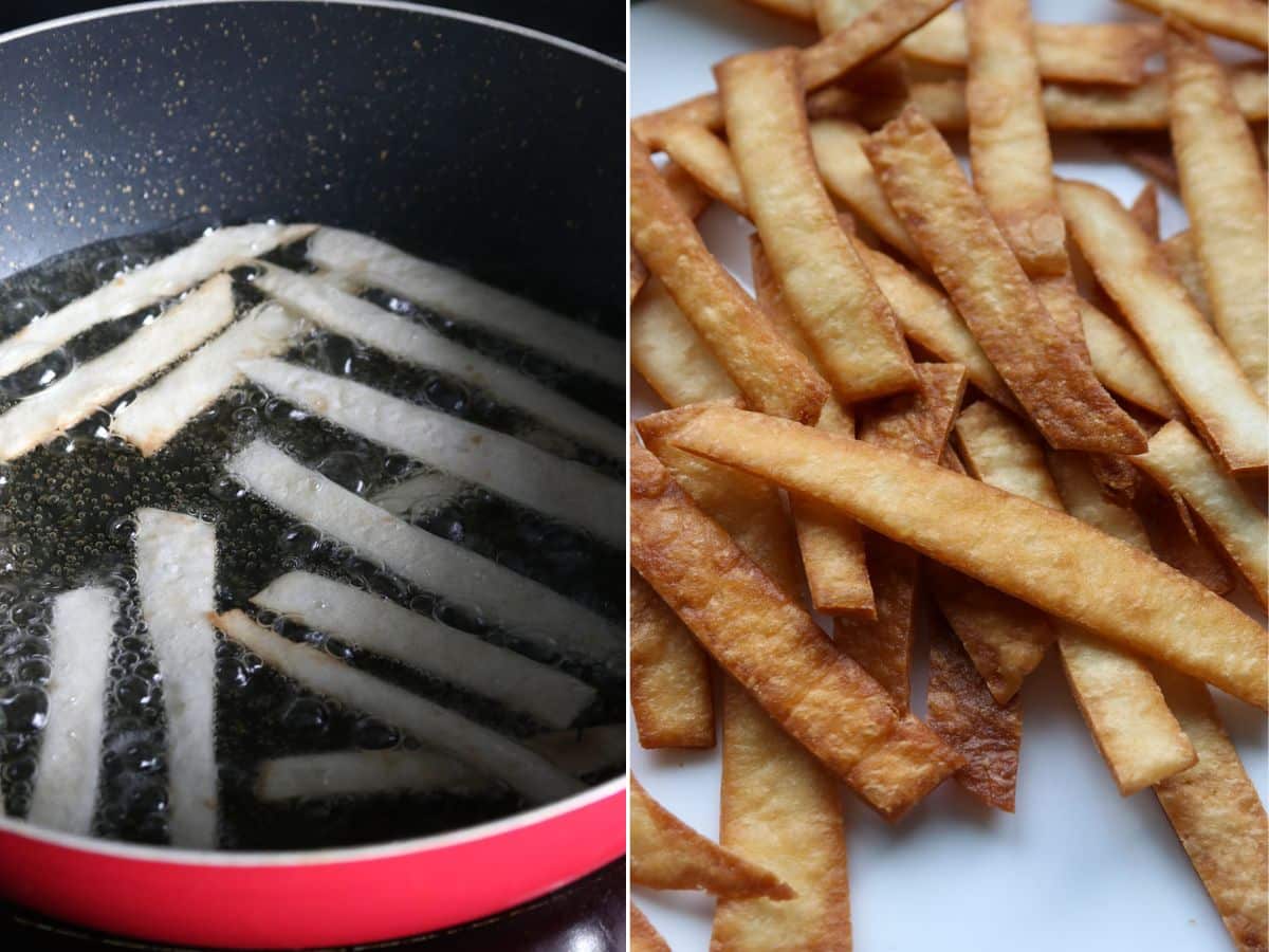 frying crispy tortilla chips.