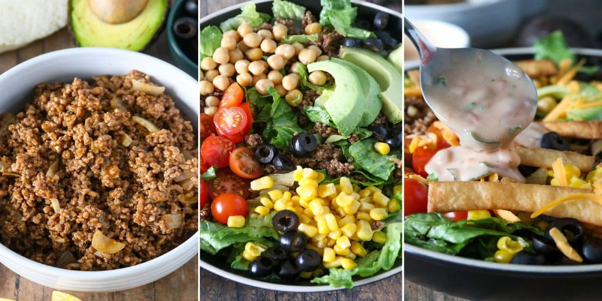 assembling taco salad with toppings and dressing.