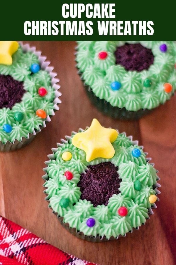 Christmas Wreath Chocolate Cupcakes on a wood board 