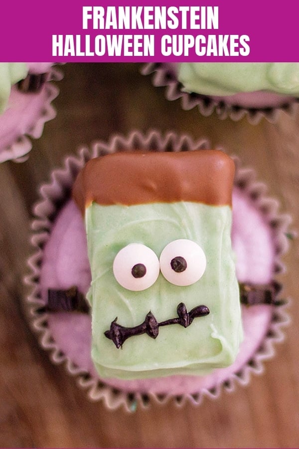 Halloween cupcakes decorated with Frankenstein rice krispies treats