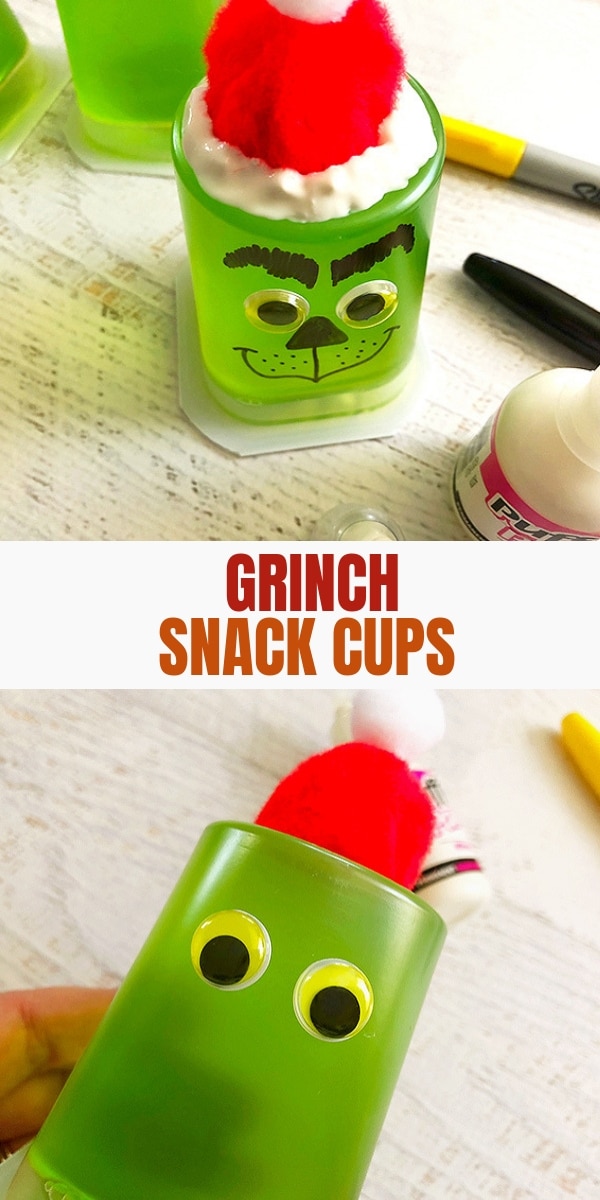 green snack cups decorated as Grinch