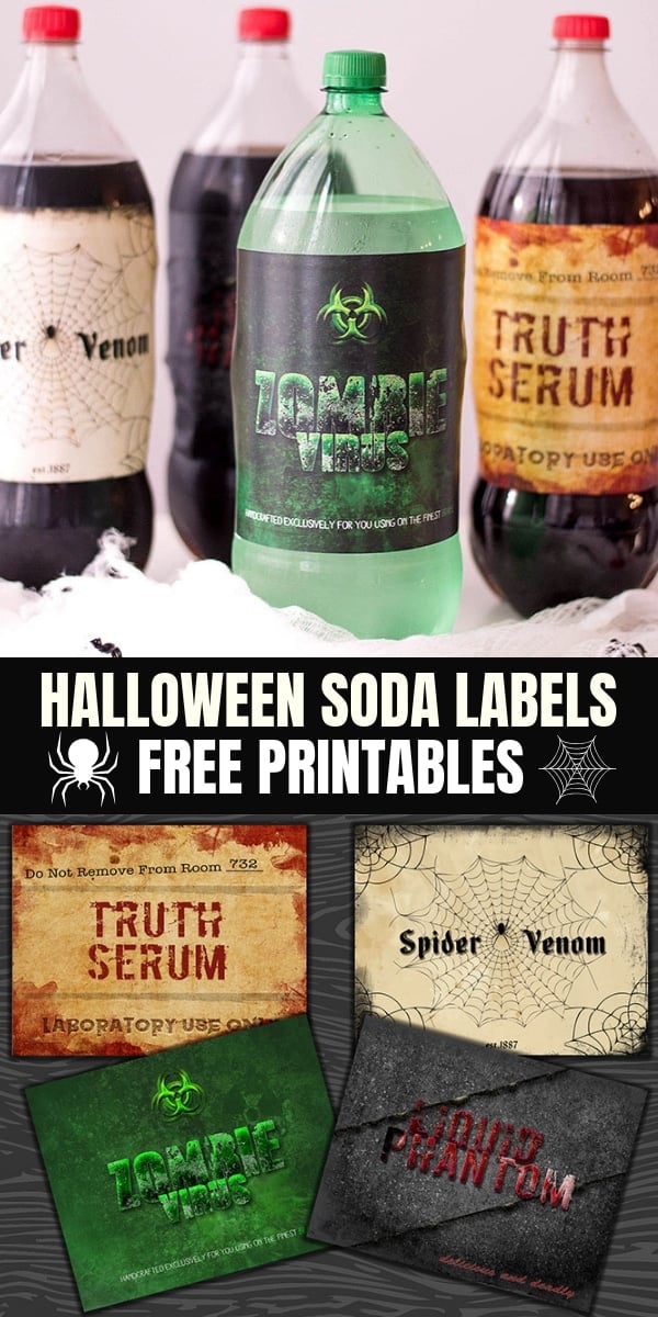 assorted soda bottles with halloween labels