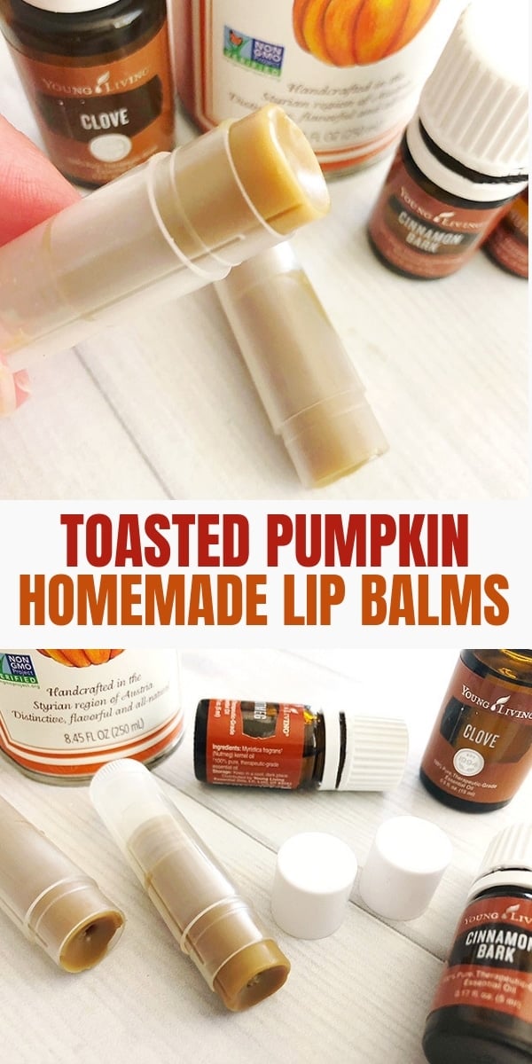 pumpkin-flavored homemade chapsticks and bottles of essential oils on a white board