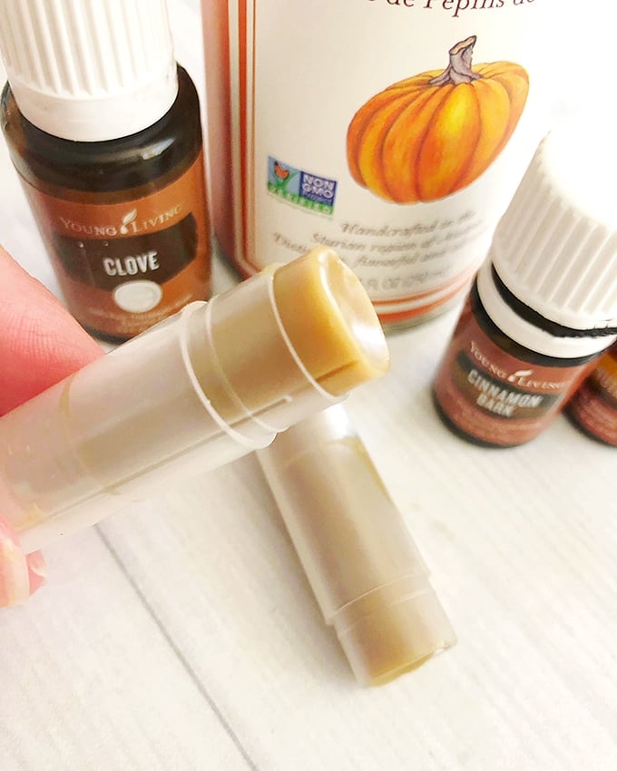 Homemade pumpkin spice lip balm makes a perfect DIY holiday gift