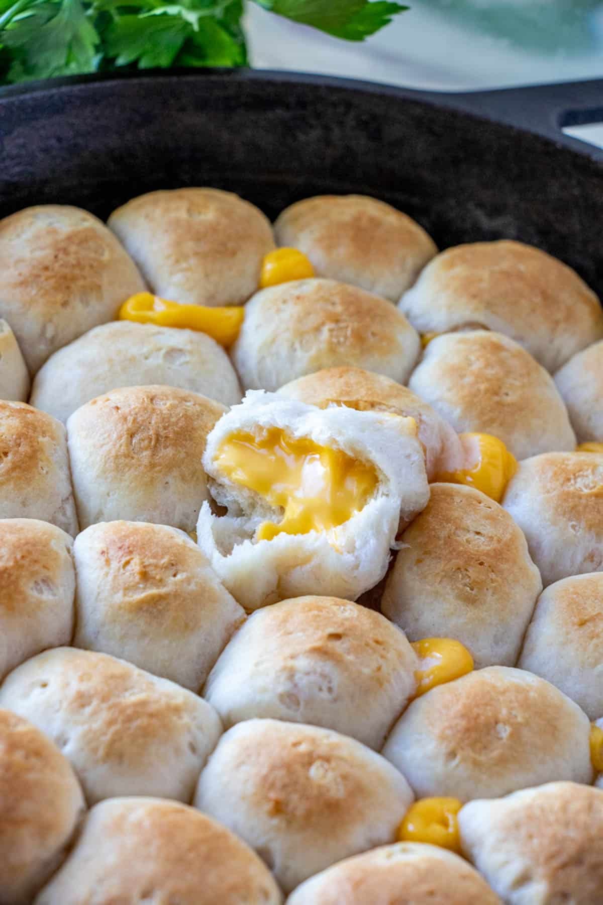 pull-apart biscuit roll stuffed with melty cheese in a cast iron skillet.