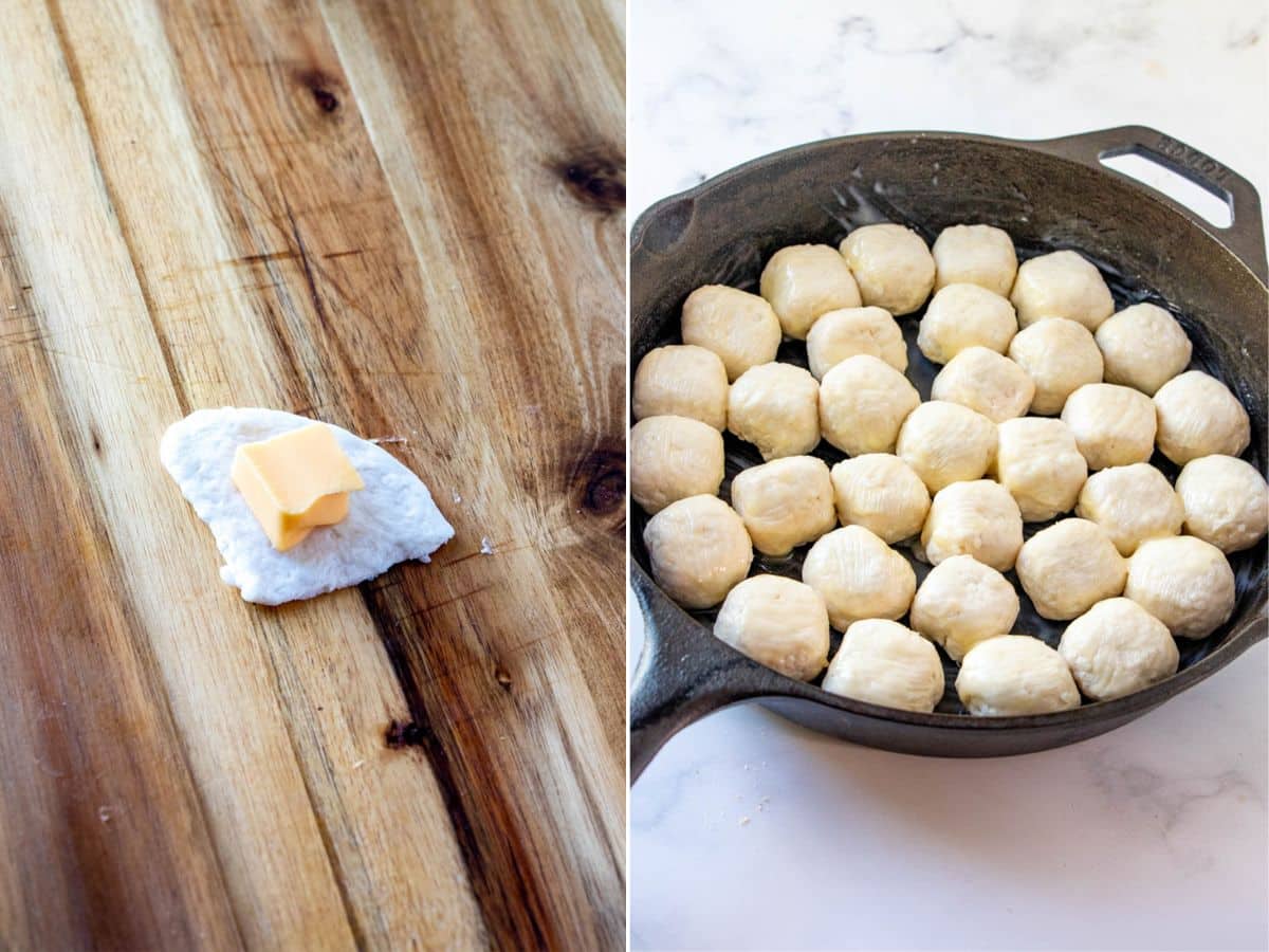 making pull apart cheese rolls with refrigerated biscuits in a cast-iron skillet.