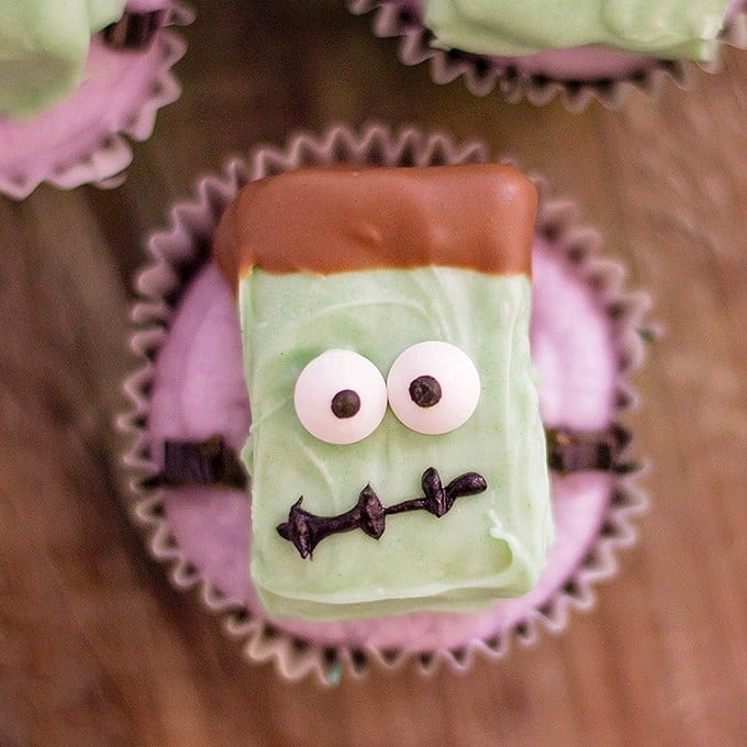 Halloween cupcakes decorated with Frankenstein rice krispies treats