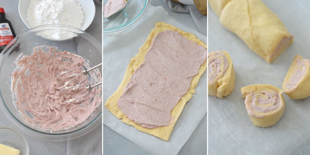 rolling crescent rolls with raspberry cream cheese filling.
