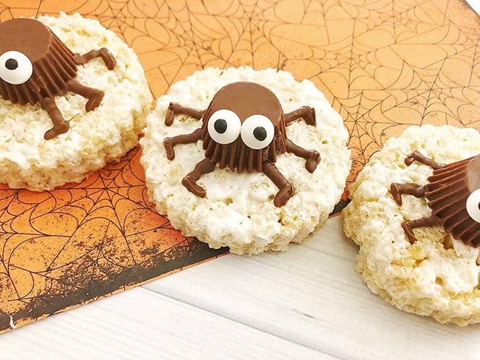 Spooky Spider Rice Krispies Treats on a white board