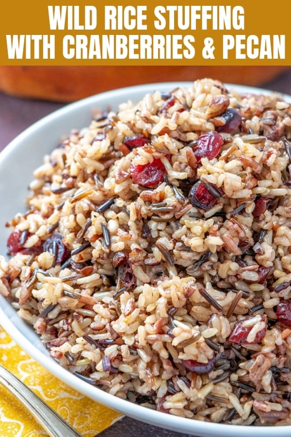 Wild Rice Stuffing with cranberries and pecans  in a serving bowl
