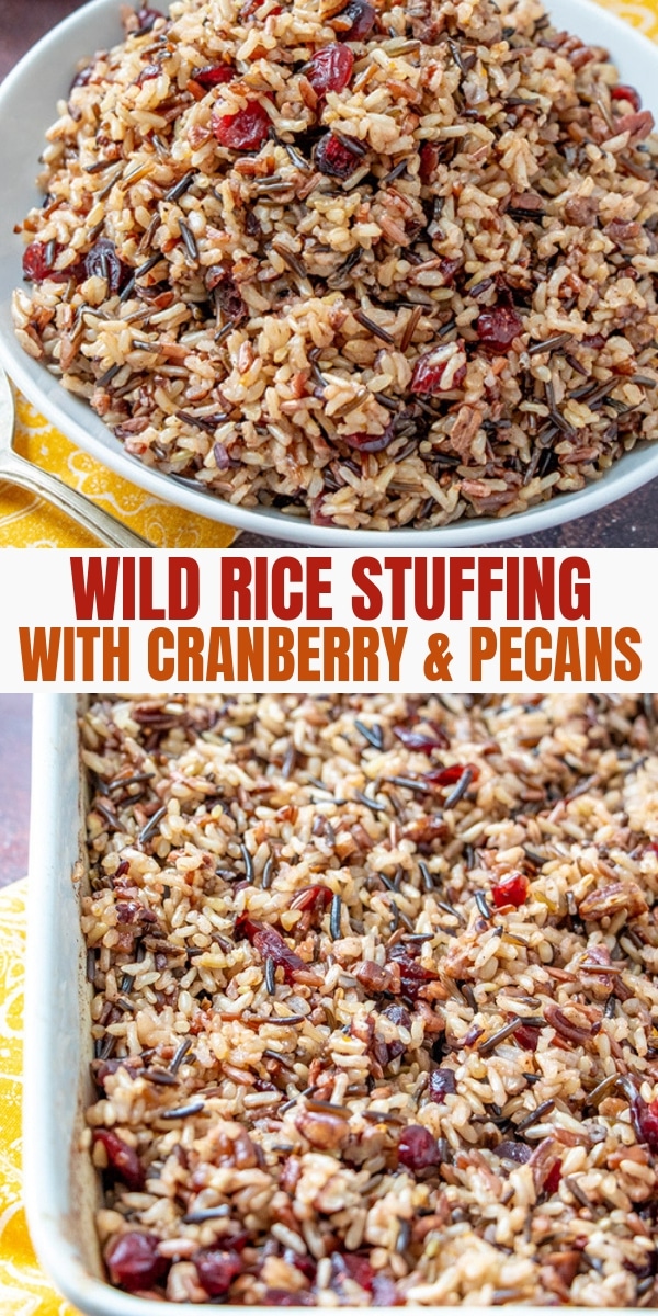 Cranberry Wild Rice Stuffing Casserole in a white casserole dish