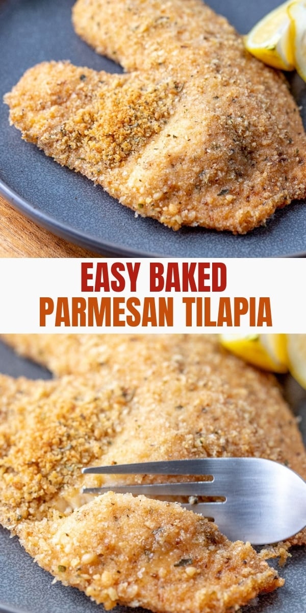 Parmesan  Crusted Tilapia on a serving plate with lemon wedges