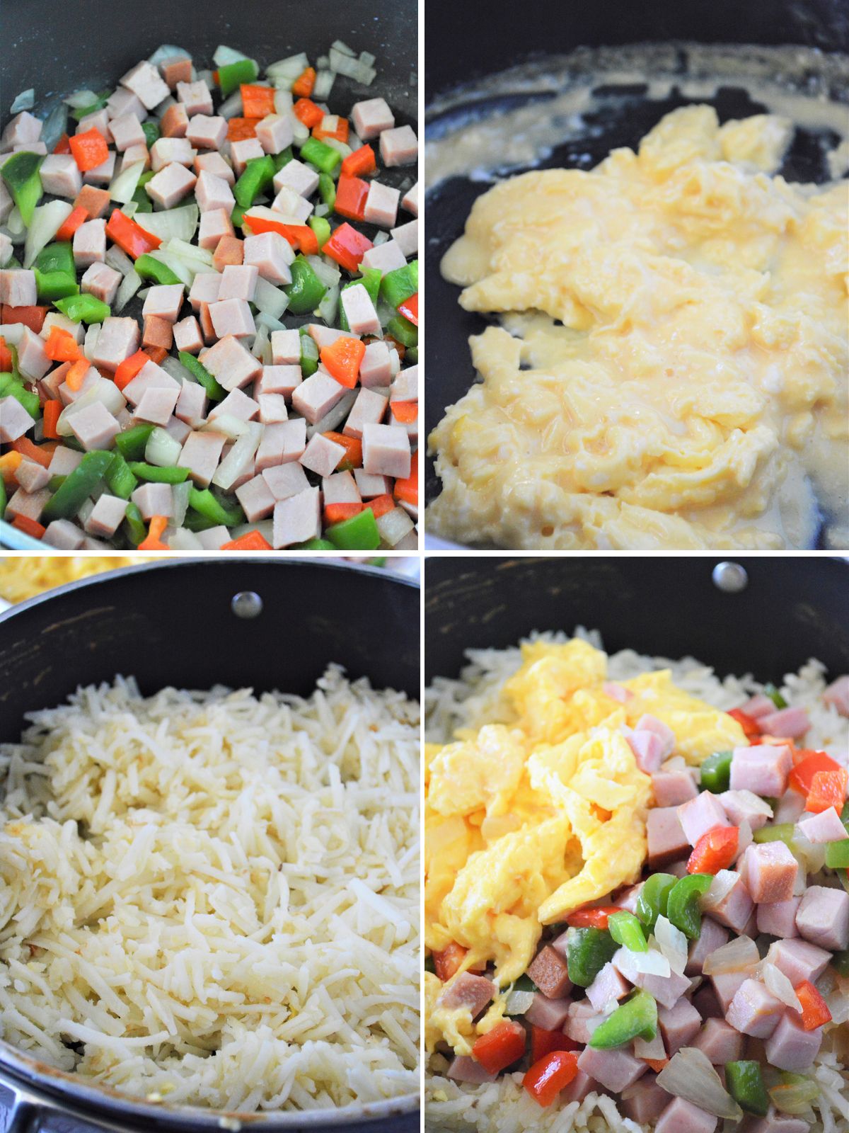 making cheesy hash brown breakfast skillet