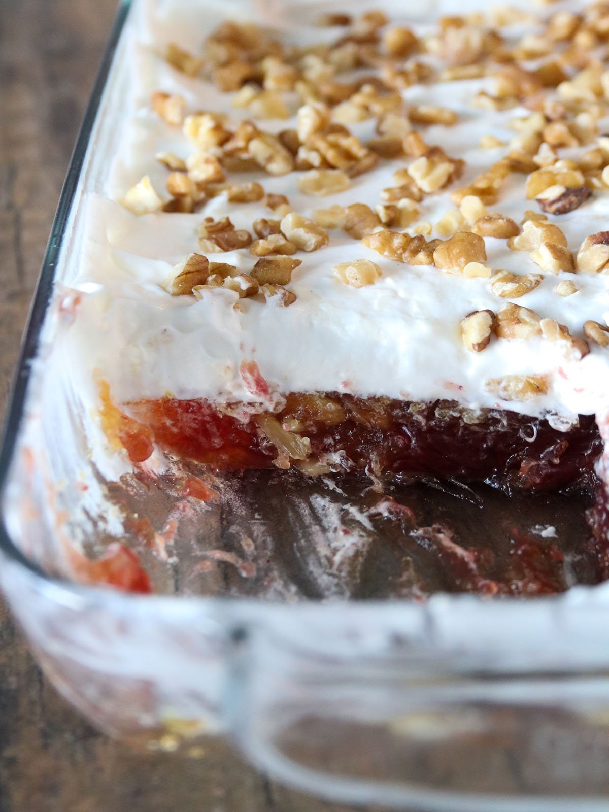 Pineapple Cranberry Jello Salad in a glass pan