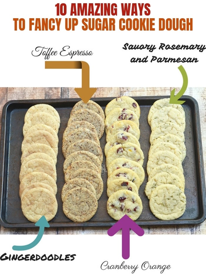4 cookie flavors using refrigerated sugar cookie dough on a baking sheet