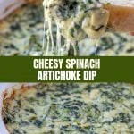 Cheesy Spinach and Artichoke Dip in a white baking dish