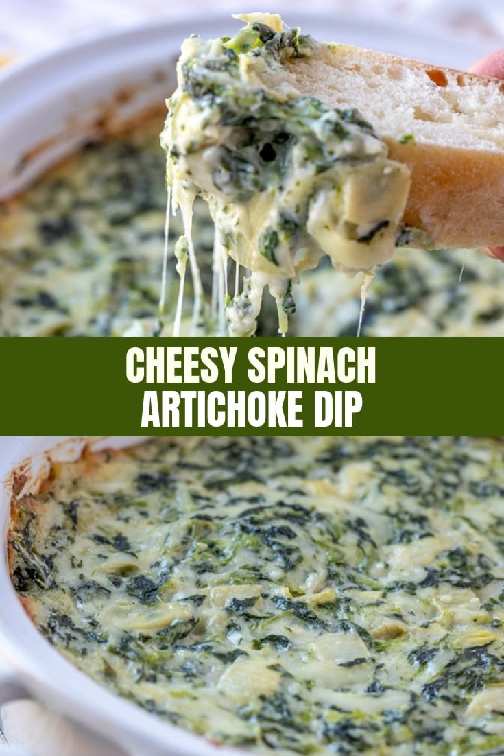 Cheesy Spinach and Artichoke Dip in a white baking dish