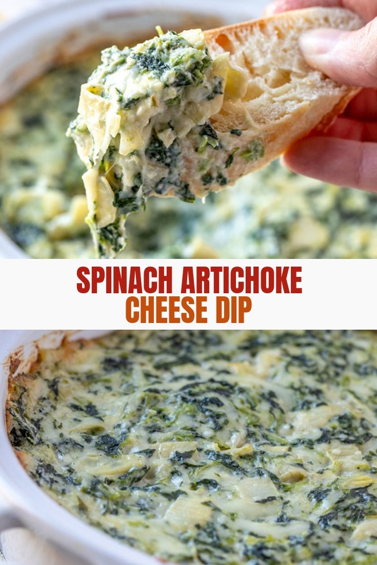 Spinach Artichoke dip in a white baking dish