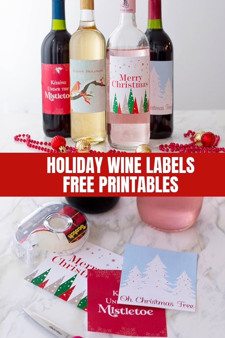 Holiday Wine Labels (FREE Printables) on bottles