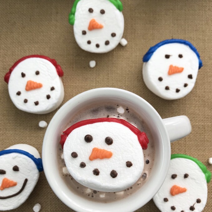 jumbo snowman marshmallows in a mug of hot chocolate