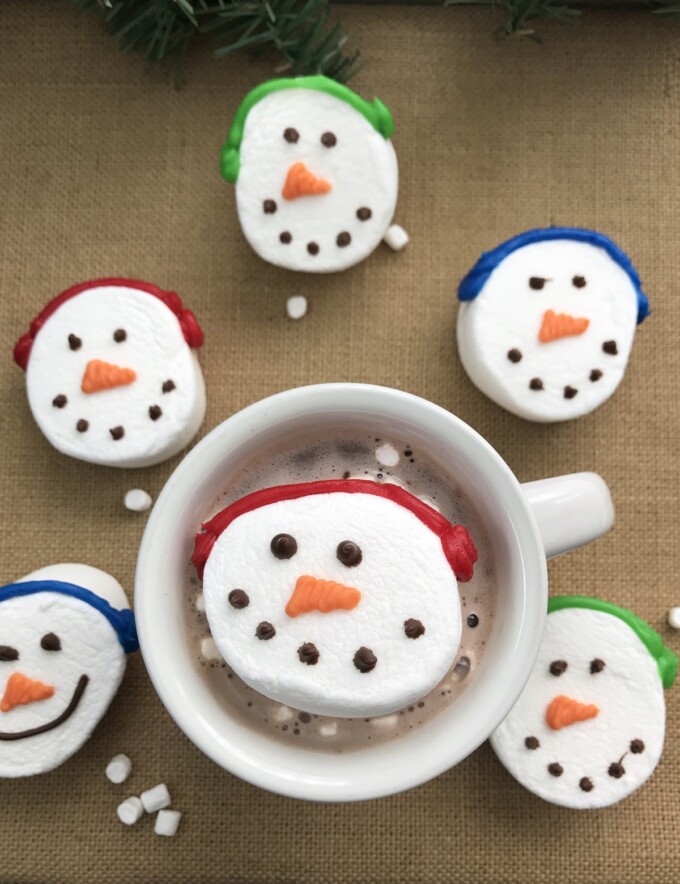 jumbo snowman marshmallows in a mug of hot chocolate