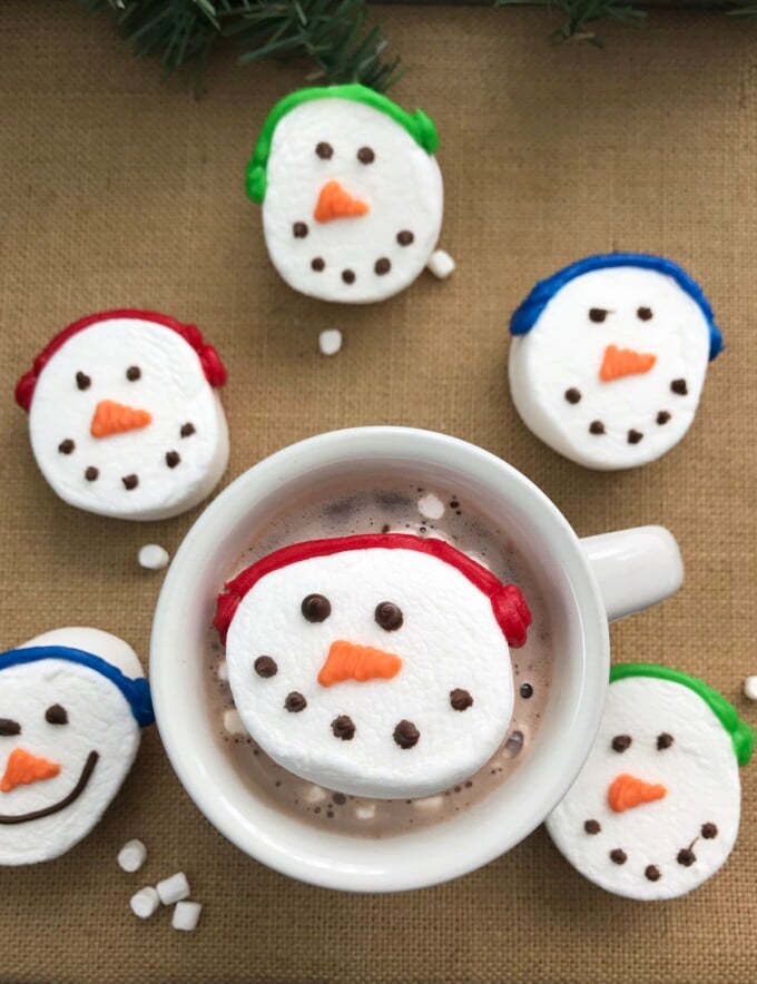 jumbo snowman marshmallows in a mug of hot chocolate